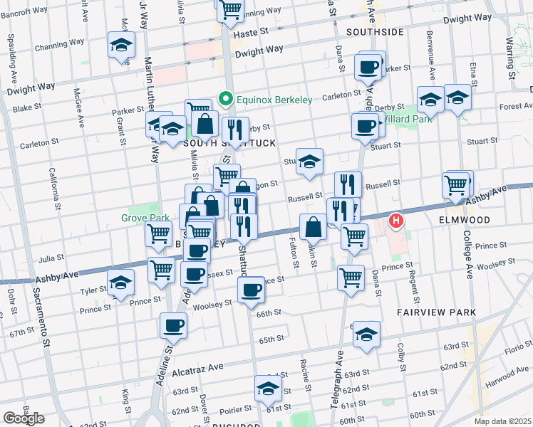 map of restaurants, bars, coffee shops, grocery stores, and more near 2131 Russell Street in Berkeley