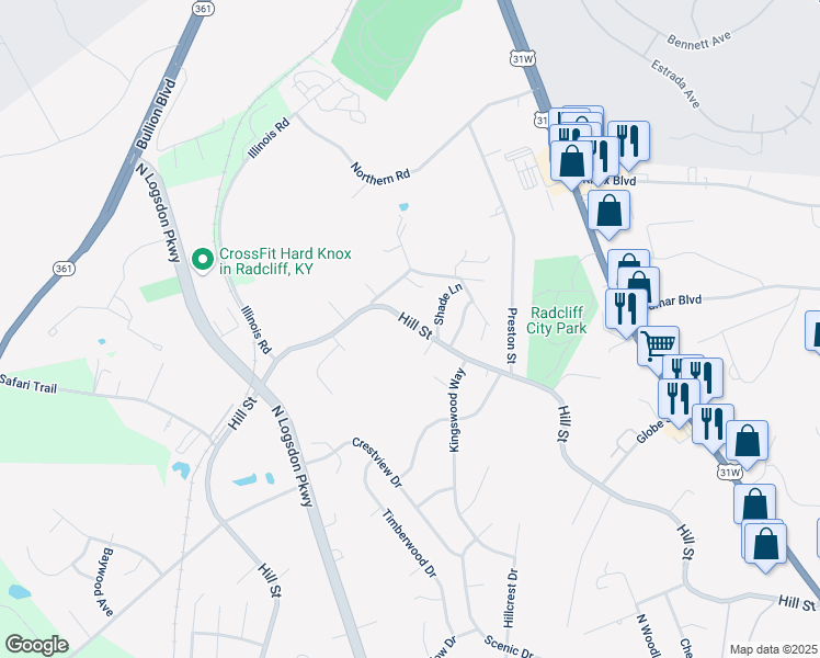 map of restaurants, bars, coffee shops, grocery stores, and more near 1523 Hill Street in Radcliff