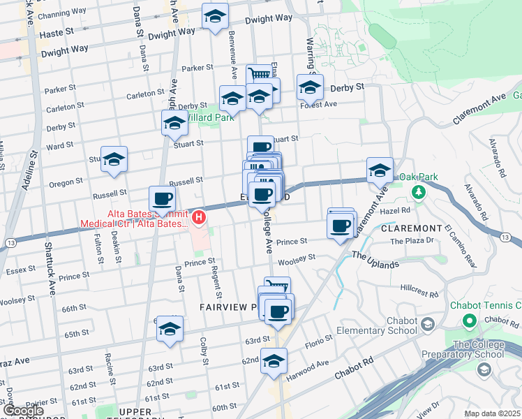 map of restaurants, bars, coffee shops, grocery stores, and more near 2980 College Avenue in Berkeley