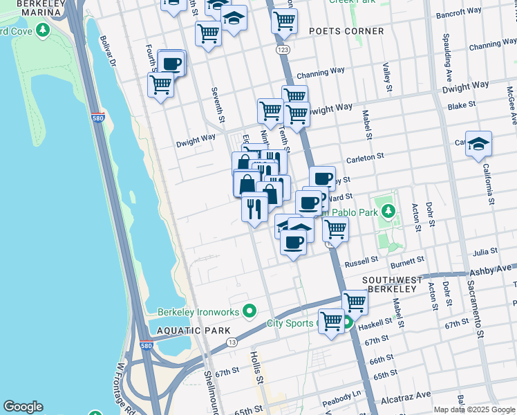 map of restaurants, bars, coffee shops, grocery stores, and more near 2706 Eighth Street in Berkeley