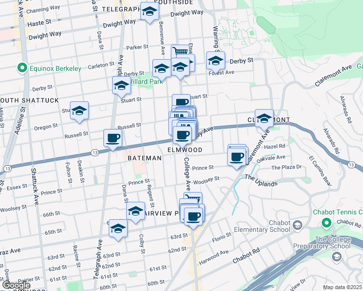 map of restaurants, bars, coffee shops, grocery stores, and more near 2980 College Avenue in Berkeley