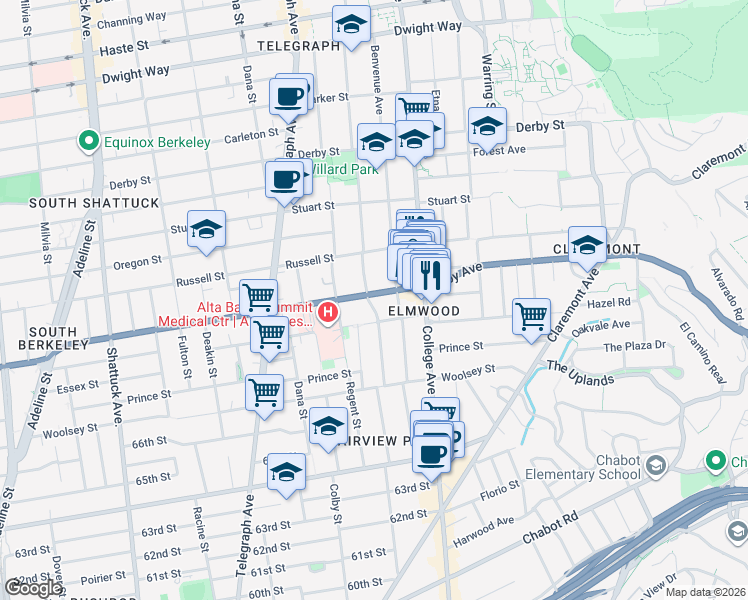 map of restaurants, bars, coffee shops, grocery stores, and more near 2600 Ashby Avenue in Berkeley