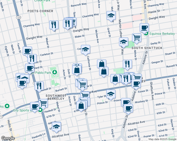 map of restaurants, bars, coffee shops, grocery stores, and more near 2814 California Street in Berkeley