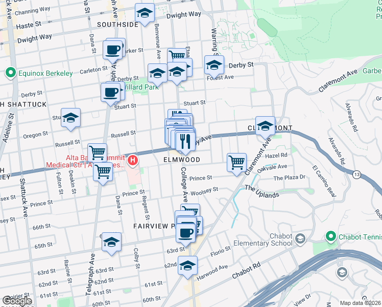 map of restaurants, bars, coffee shops, grocery stores, and more near 2720 Elmwood Avenue in Berkeley