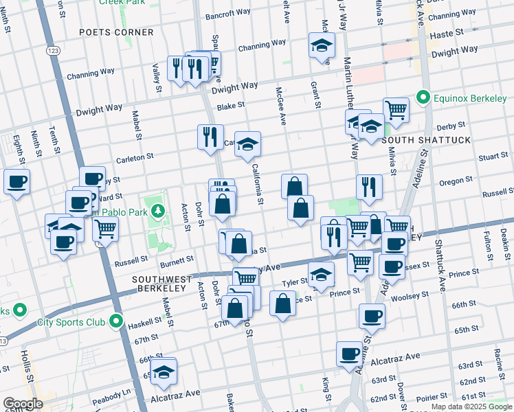 map of restaurants, bars, coffee shops, grocery stores, and more near 2814 California Street in Berkeley