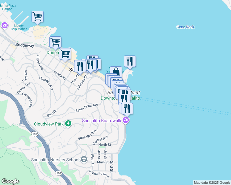 map of restaurants, bars, coffee shops, grocery stores, and more near 801 Bridgeway in Sausalito