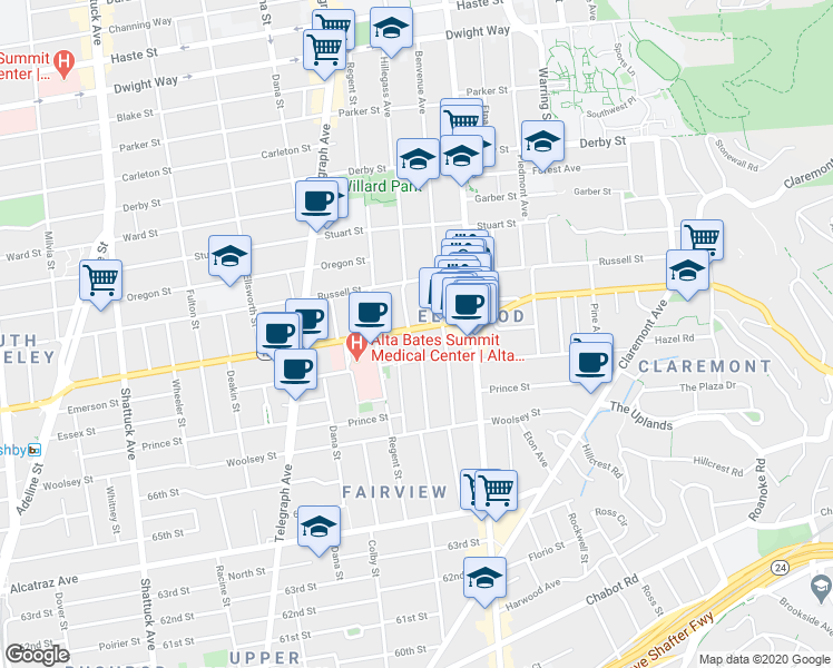 map of restaurants, bars, coffee shops, grocery stores, and more near 2623 Ashby Avenue in Berkeley