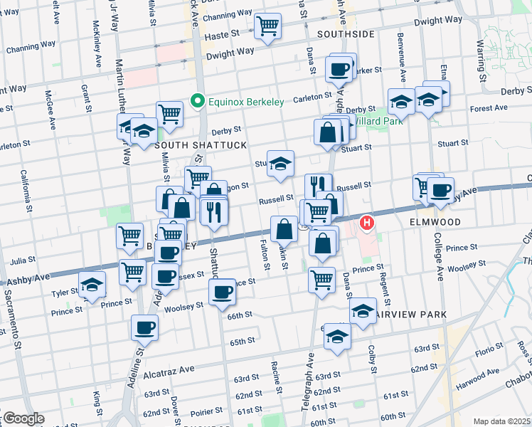 map of restaurants, bars, coffee shops, grocery stores, and more near 2901 Fulton Street in Berkeley