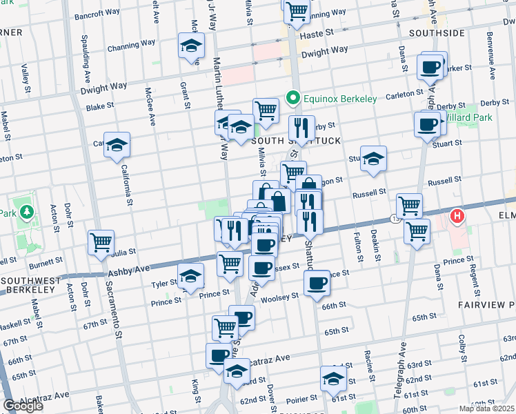 map of restaurants, bars, coffee shops, grocery stores, and more near 1938 Oregon Street in Berkeley
