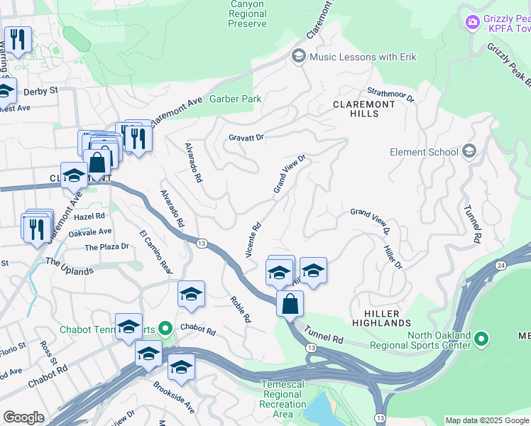 map of restaurants, bars, coffee shops, grocery stores, and more near 105 Vicente Road in Berkeley