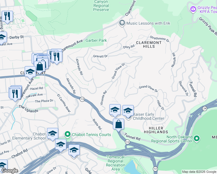 map of restaurants, bars, coffee shops, grocery stores, and more near 105 Vicente Road in Berkeley