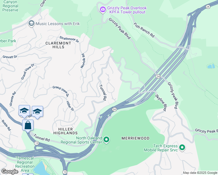 map of restaurants, bars, coffee shops, grocery stores, and more near 300 Caldecott Lane in Oakland
