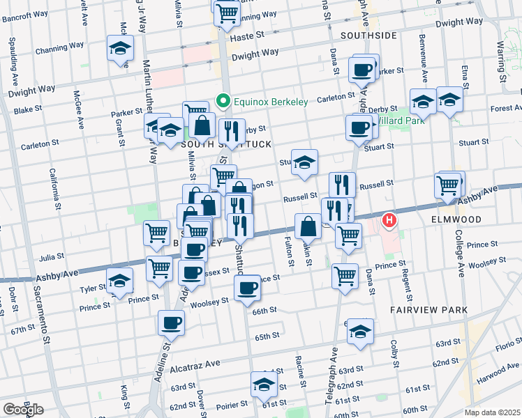 map of restaurants, bars, coffee shops, grocery stores, and more near 2131 Russell Street in Berkeley
