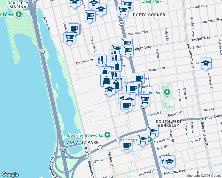 map of restaurants, bars, coffee shops, grocery stores, and more near 2700-2702 8th Street in Berkeley