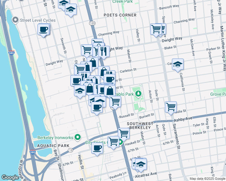 map of restaurants, bars, coffee shops, grocery stores, and more near 1112 Ward Street in Berkeley