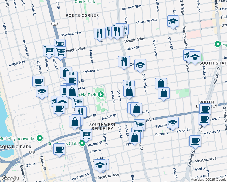 map of restaurants, bars, coffee shops, grocery stores, and more near 2749 Acton Street in Berkeley