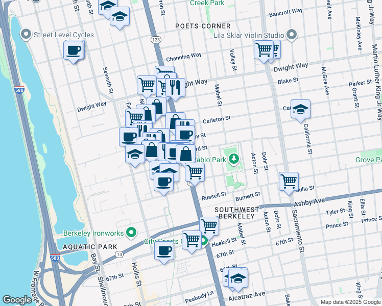 map of restaurants, bars, coffee shops, grocery stores, and more near 1112 Ward Street in Berkeley