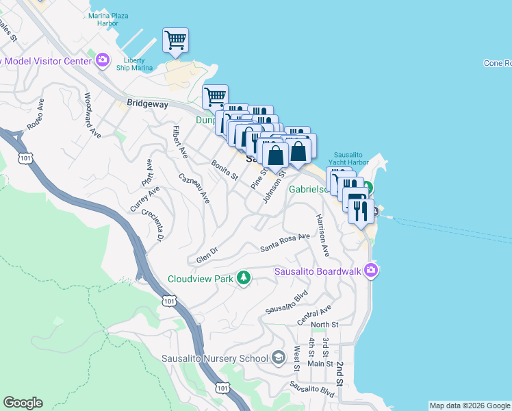 map of restaurants, bars, coffee shops, grocery stores, and more near 439 Johnson Street in Sausalito