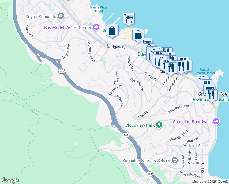map of restaurants, bars, coffee shops, grocery stores, and more near 139 Currey Avenue in Sausalito