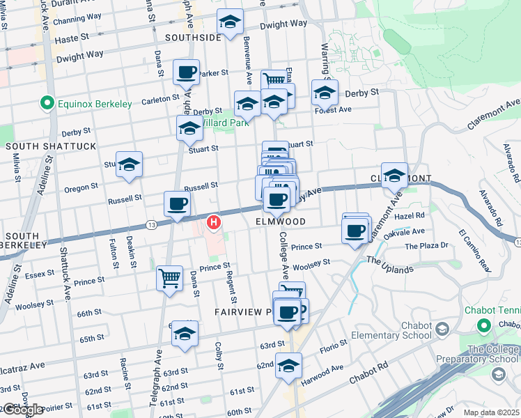 map of restaurants, bars, coffee shops, grocery stores, and more near 2623 Ashby Avenue in Berkeley