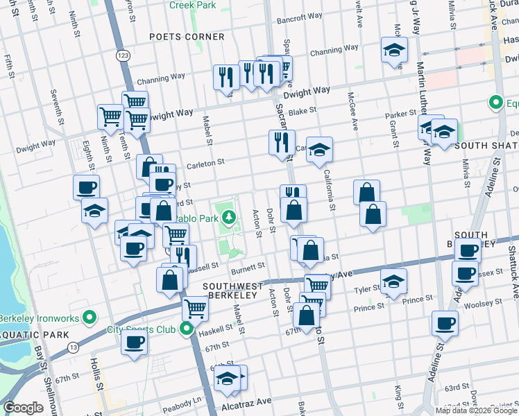 map of restaurants, bars, coffee shops, grocery stores, and more near 2751 Dohr Street in Berkeley