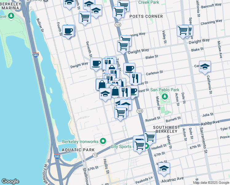 map of restaurants, bars, coffee shops, grocery stores, and more near 1001 Pardee Street in Berkeley