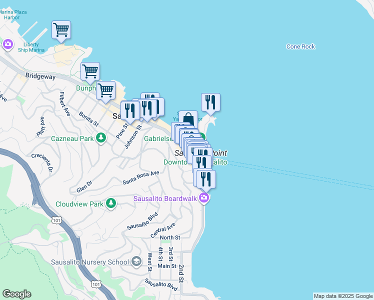 map of restaurants, bars, coffee shops, grocery stores, and more near 801 Bridgeway in Sausalito