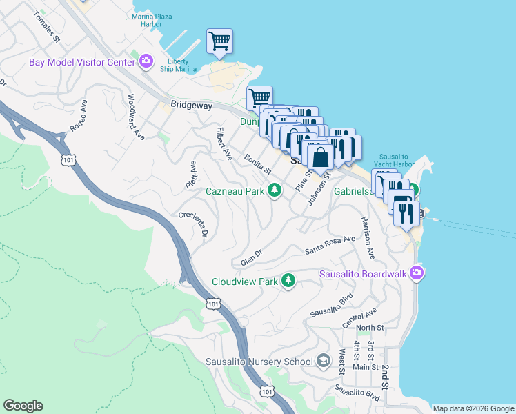map of restaurants, bars, coffee shops, grocery stores, and more near 100 Cazneau Avenue in Sausalito