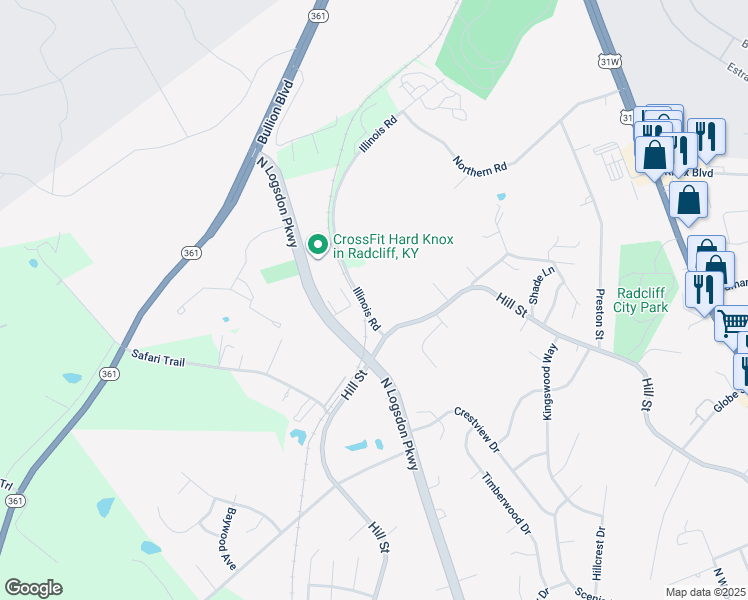 map of restaurants, bars, coffee shops, grocery stores, and more near 1514 Illinois Road in Radcliff