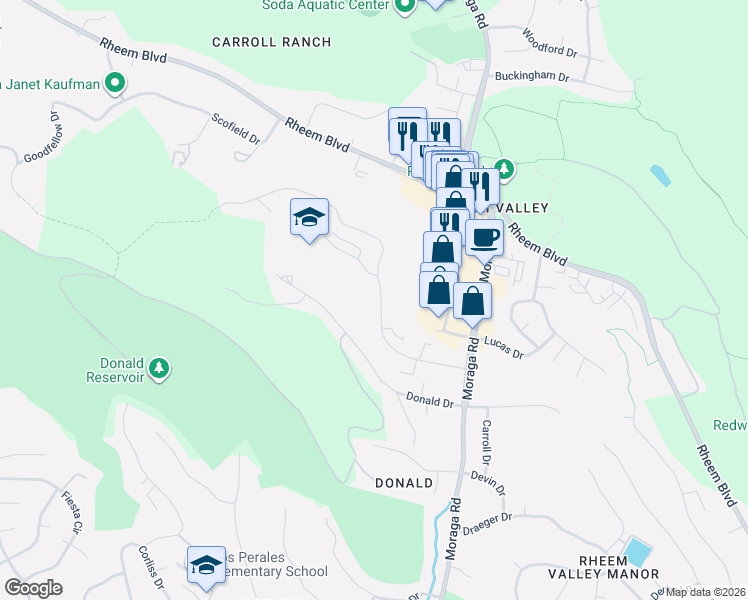 map of restaurants, bars, coffee shops, grocery stores, and more near 2044 Ascot Drive in Moraga
