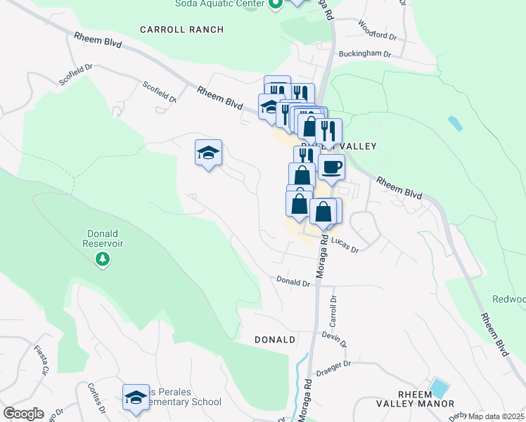 map of restaurants, bars, coffee shops, grocery stores, and more near 2045 Ascot Drive in Moraga