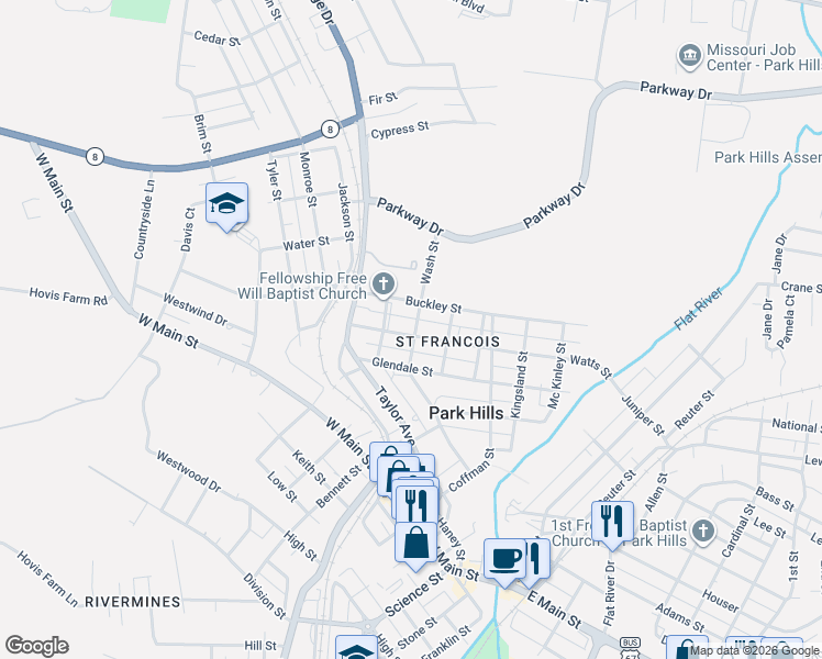 map of restaurants, bars, coffee shops, grocery stores, and more near 603 Washington Street in Park Hills