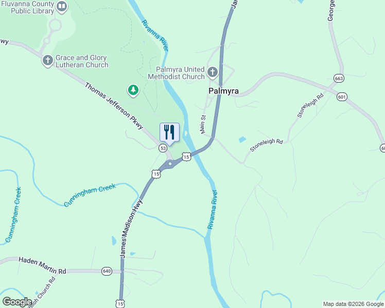 map of restaurants, bars, coffee shops, grocery stores, and more near 13027 James Madison Highway in Palmyra