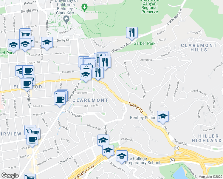 map of restaurants, bars, coffee shops, grocery stores, and more near 65 Tunnel Road in Berkeley