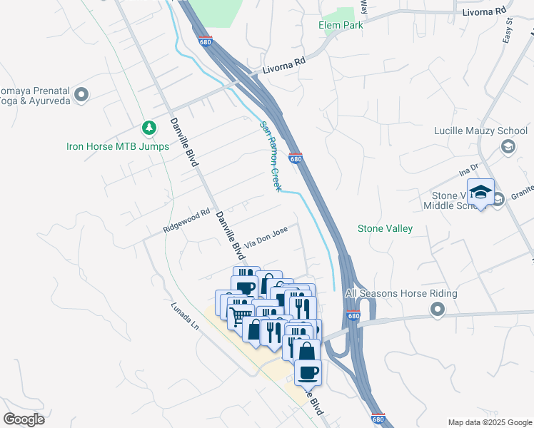 map of restaurants, bars, coffee shops, grocery stores, and more near 1425 Cedar Lane in Alamo