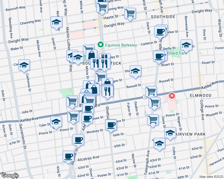 map of restaurants, bars, coffee shops, grocery stores, and more near Russell Street in Berkeley