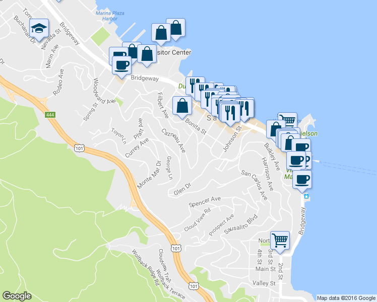 map of restaurants, bars, coffee shops, grocery stores, and more near 100 Cazneau Avenue in Sausalito