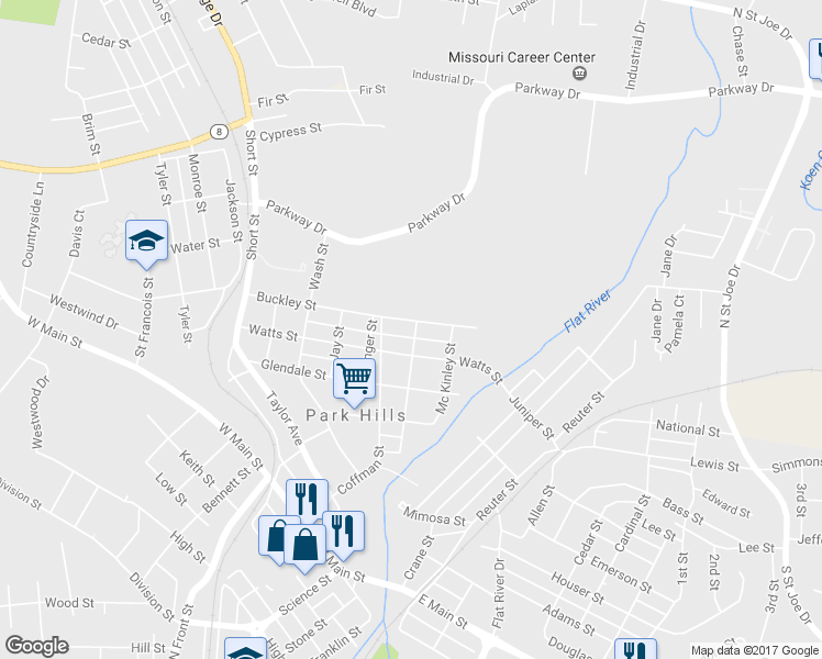 map of restaurants, bars, coffee shops, grocery stores, and more near 201 Buckley Street in Park Hills