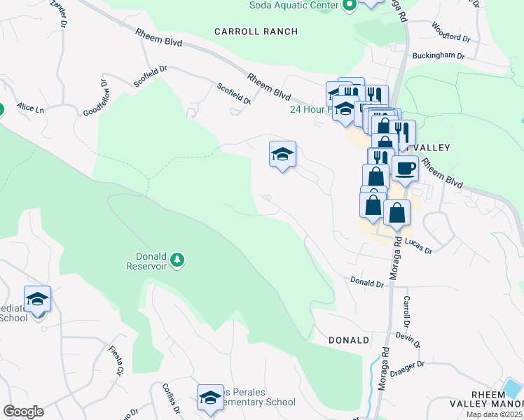 map of restaurants, bars, coffee shops, grocery stores, and more near 55 Laird Drive in Moraga