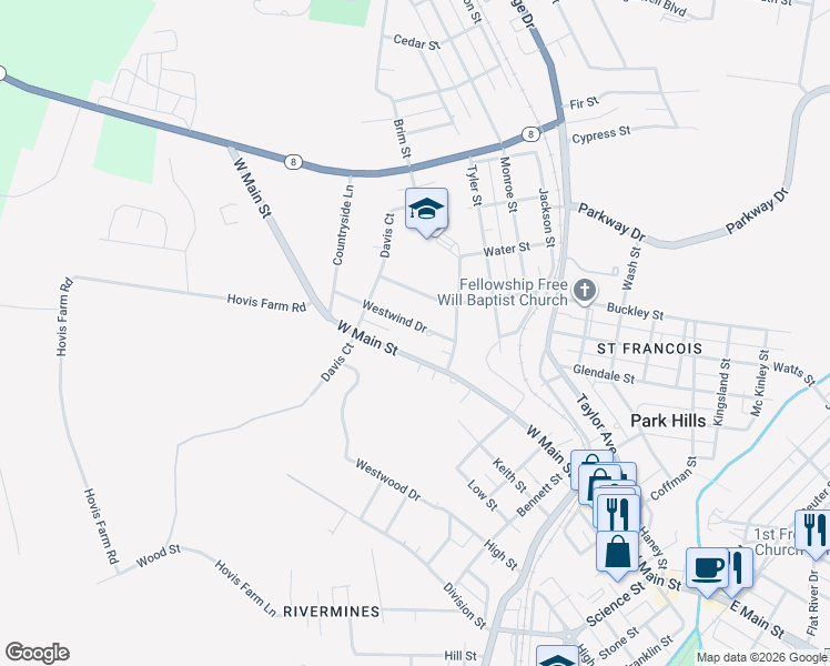 map of restaurants, bars, coffee shops, grocery stores, and more near 709 Westwind Drive in Park Hills