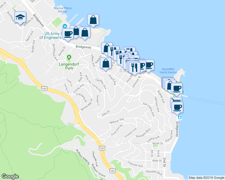 map of restaurants, bars, coffee shops, grocery stores, and more near 100 Cazneau Avenue in Sausalito