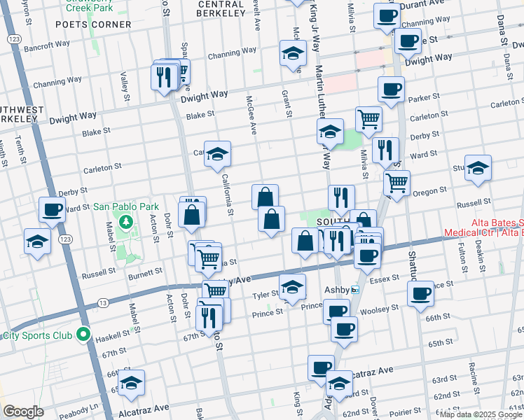 map of restaurants, bars, coffee shops, grocery stores, and more near 2812 McGee Avenue in Berkeley