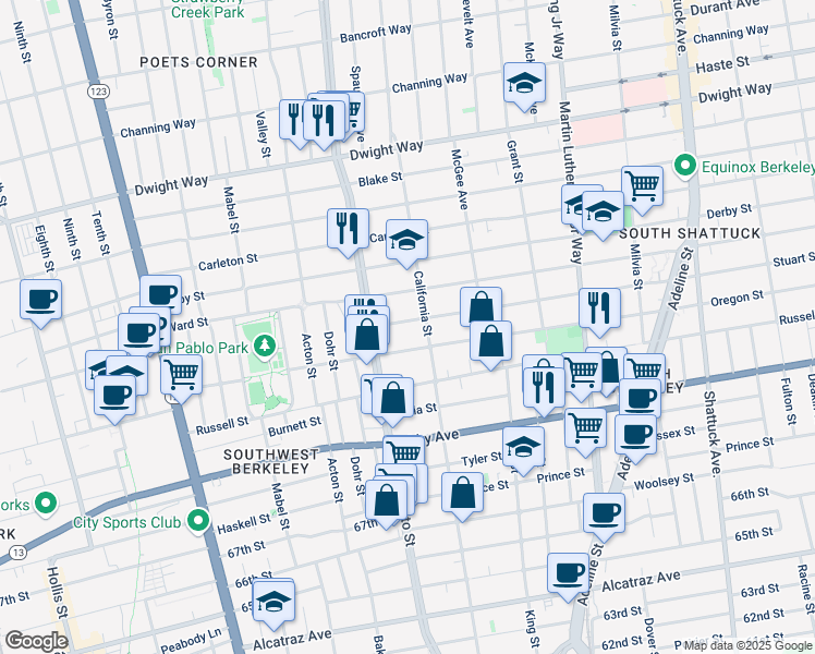 map of restaurants, bars, coffee shops, grocery stores, and more near 1536 Stuart Street in Berkeley