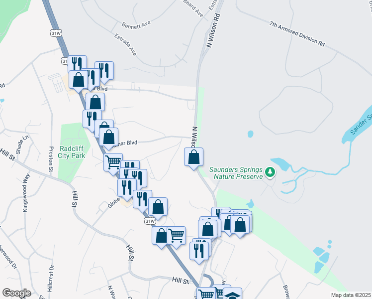 map of restaurants, bars, coffee shops, grocery stores, and more near 1403 North Wilson Road in Radcliff