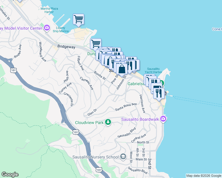 map of restaurants, bars, coffee shops, grocery stores, and more near 31 Girard Avenue in Sausalito