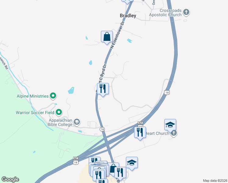 map of restaurants, bars, coffee shops, grocery stores, and more near 205 Appalachian Heights Road in Mount Hope