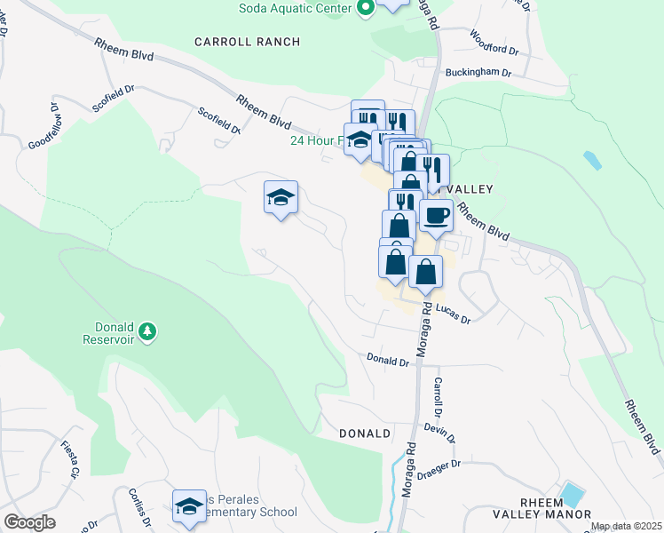 map of restaurants, bars, coffee shops, grocery stores, and more near 2036 Ascot Drive in Moraga