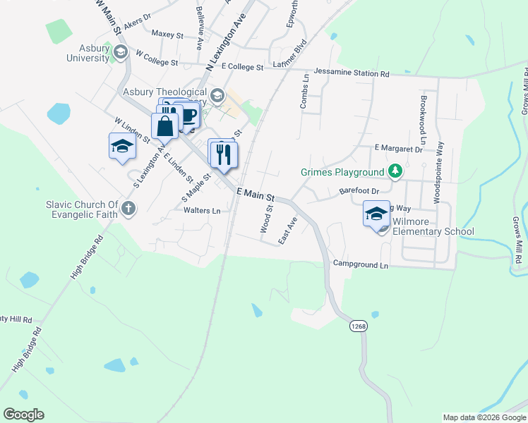 map of restaurants, bars, coffee shops, grocery stores, and more near 104 Wood Street in Wilmore