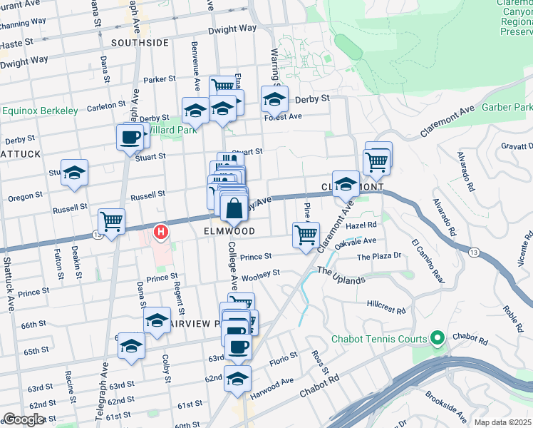 map of restaurants, bars, coffee shops, grocery stores, and more near 2946 Piedmont Avenue in Berkeley