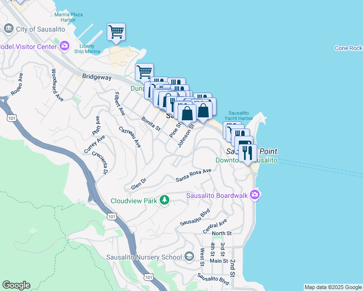 map of restaurants, bars, coffee shops, grocery stores, and more near 439 Johnson Street in Sausalito